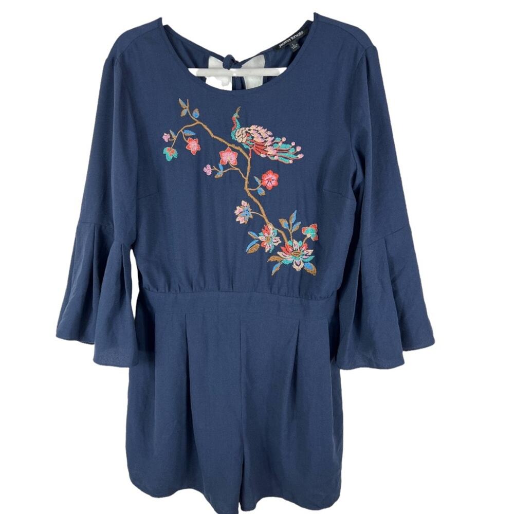 Jealous Tomato Navy Peacock Floral Embroidered Romper Size Large